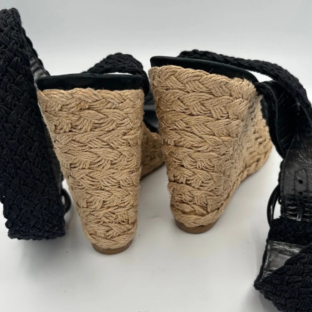 Stuart Weitzman Alex Wedge Sandals 9M Black Jute Espadrille Braided Strap Heels - Picture 8 of 10